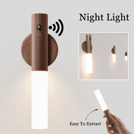 Auto LED Magnetic USB Rechargeable Wooden Wireless Night Light - PIR Motion Sensor Wall Lamp for Cabinet, Corridor, and Porch